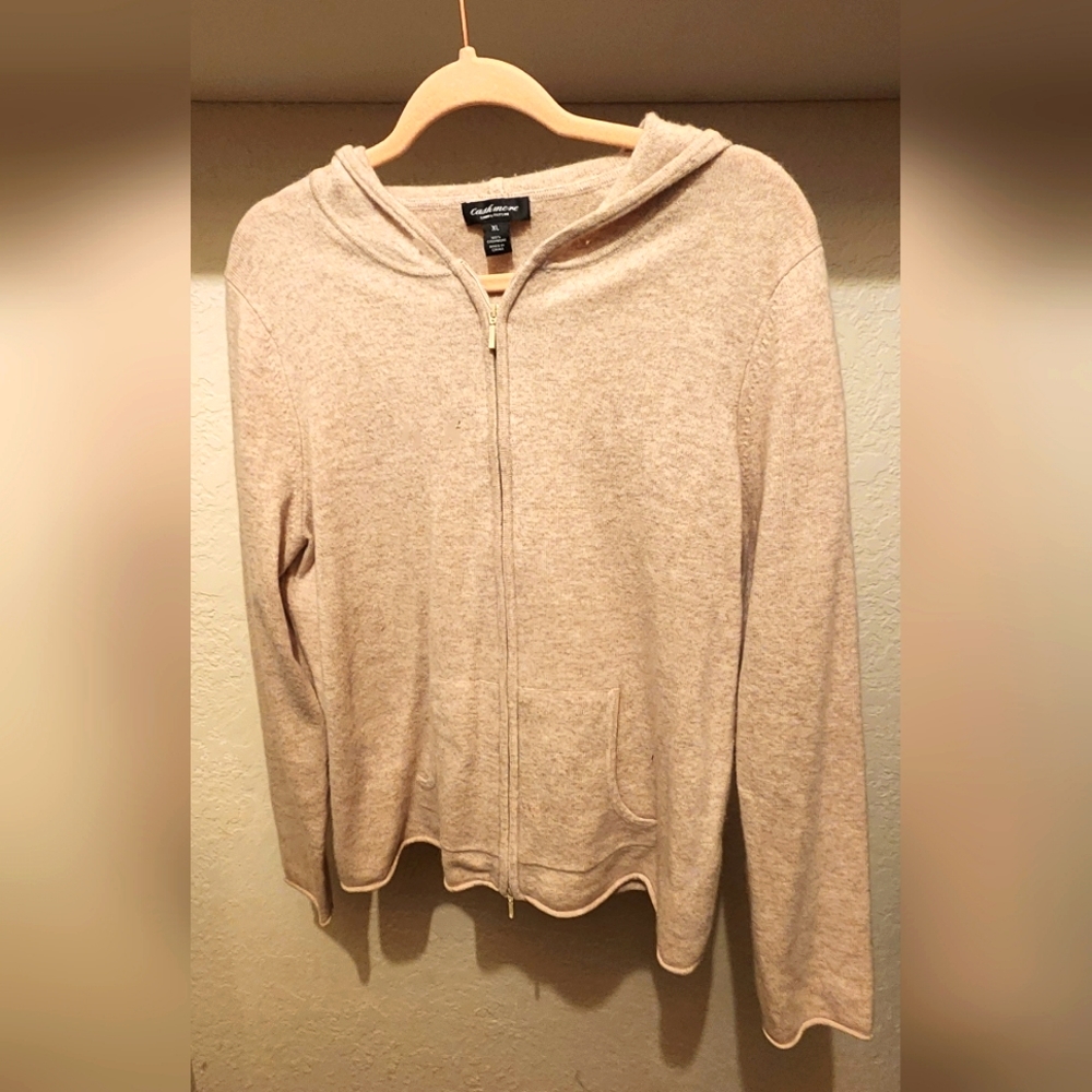 100% cashmere zip up hooded cardigan, beige